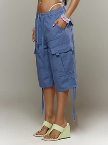 MUSERA 粉色低腰工裝牛仔短褲 寬鬆版型 可調節腰圍 春夏度假風 伊比薩風 - 霧霾藍 - 查看 5