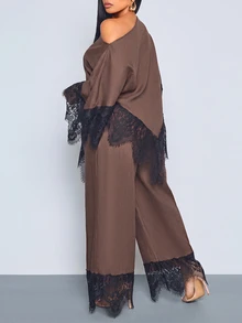 SOLERSUN Plus Size Women's Lace Patchwork Asymmetric Shoulder Top And Pants Casual Elegant Daily 2 Pieces Set Fall Brunch Party Brown - Coffee Brown - View 4