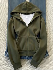 SHEIN Sparklyn 秋冬女款連帽拉鍊夾克－混搭街頭風運動衫，抗寒針織面料，適合秋冬穿著 - 藍色 - 查看 1