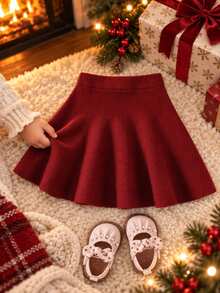 SHEIN Young Girl Sweater Skirt Set, A-Line Skirt, High Waist, Solid Burgundy Red Christmas Matching Mommy Daughter Mommy And Me Fall Baby Doll Winter - Burgundy - View 7