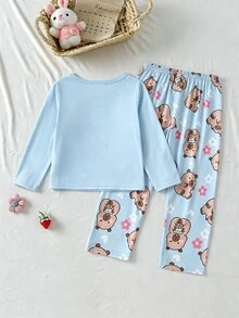 女童休閒可愛水豚印花長袖秋季/冬季牛奶絲面料居家服套裝 圓領針織卡通動物 2件組 柔軟舒適 - 藍色 - 查看 3