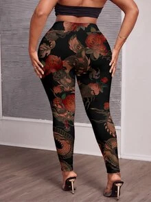Slaydiva Plus Size Women's Floral Print Casual Daily Tight Leggings - Multicolor - View 2