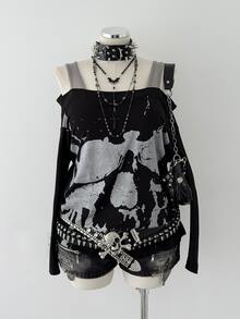 Sunspun Plus Size Women Skull Print Cold Shoulder Long Sleeve Casual Fashion T-Shirt - Black - View 1