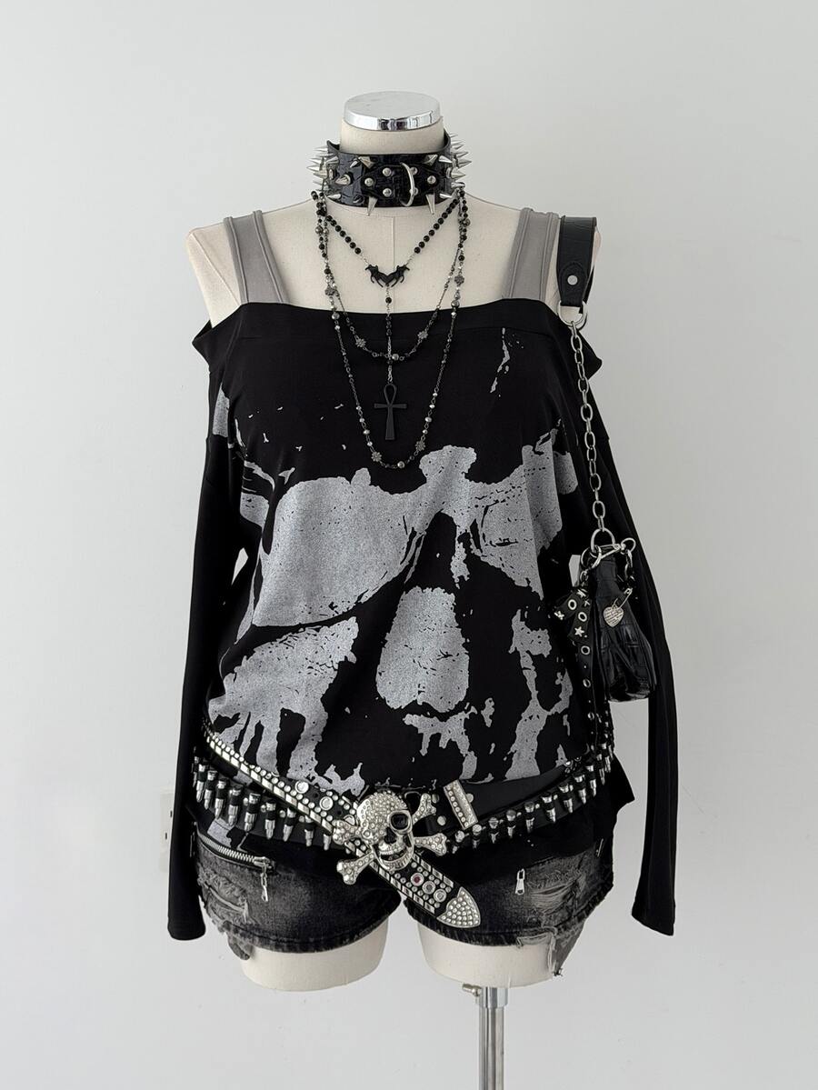 Sunspun Plus Size Women Skull Print Cold Shoulder Long Sleeve Casual Fashion T-Shirt - Black - View 1