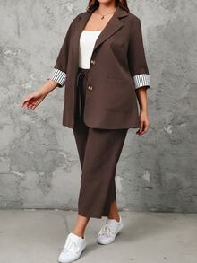 SHEIN LUNE 2pcs Plus Size Women's Striped Collar Top And Pants Set Fall - Coffee Brown - View 1