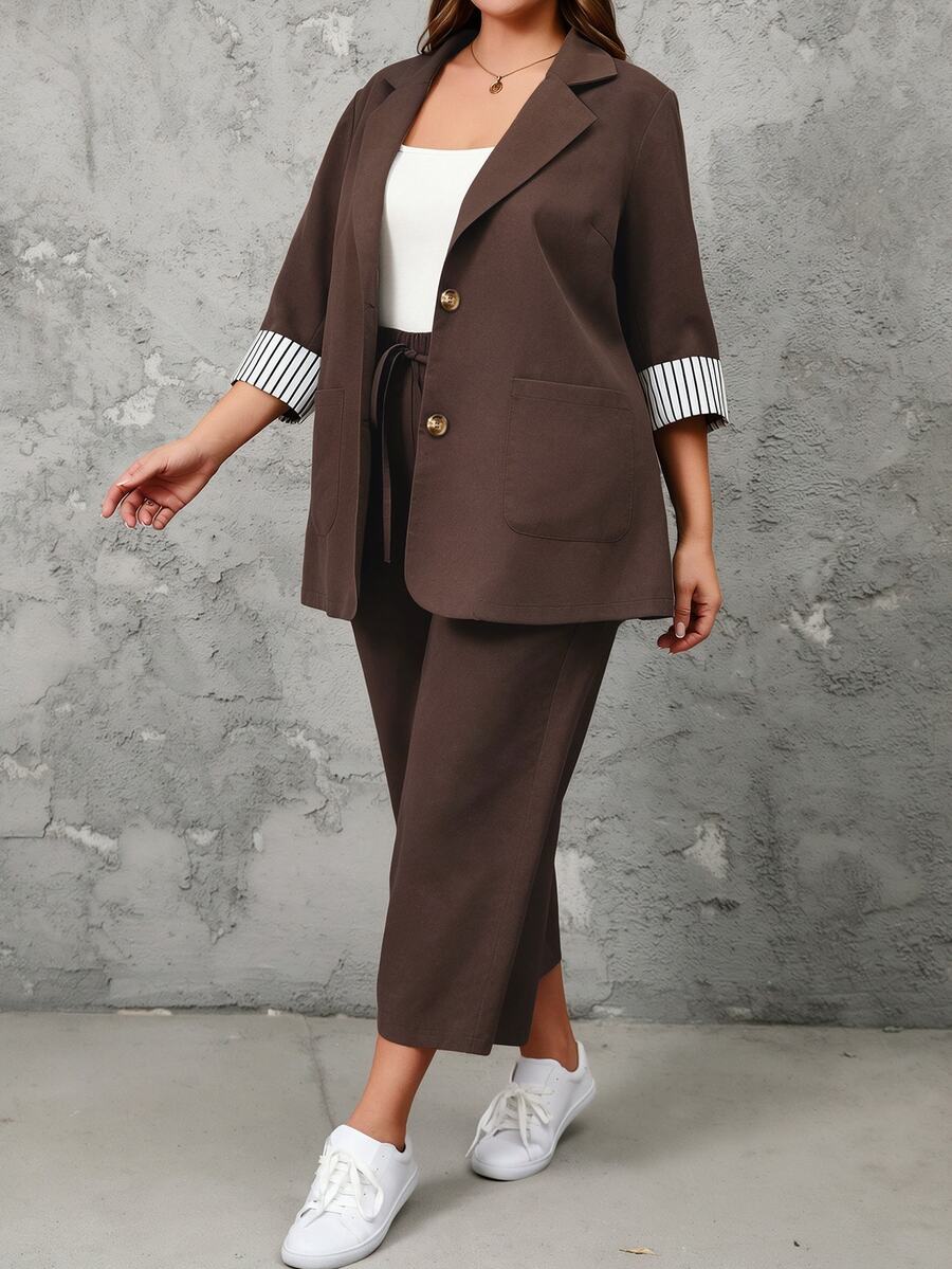 SHEIN LUNE 2pcs Plus Size Women's Striped Collar Top And Pants Set Fall - Coffee Brown - View 1