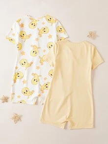 LOONEY TUNES X SHEIN 2PCS Tween Girls Pajamas - Yellow - View 2