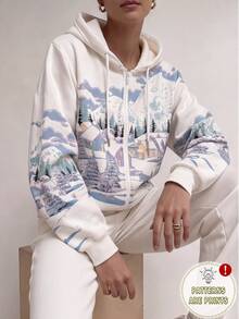SHEIN EZwear 女款休閒寬鬆雪景印花連帽拉鍊長袖運動衫，秋冬風格，適合日常通勤、約會、聚會、秋冬、夏季、派對、婚禮、海灘、畢業典禮等場合，優雅休閒，適合出遊，Y2K風格，音樂節 - 彩色 - 查看 3