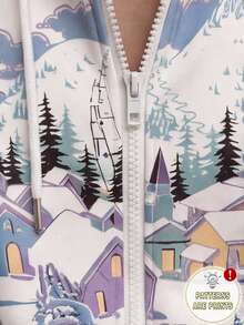 SHEIN EZwear 女款休閒寬鬆雪景印花連帽拉鍊長袖運動衫，秋冬風格，適合日常通勤、約會、聚會、秋冬、夏季、派對、婚禮、海灘、畢業典禮等場合，優雅休閒，適合出遊，Y2K風格，音樂節 - 彩色 - 查看 6