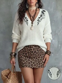 Linhara CURVE 1pc Women's Plus Size V-Neck Drop Shoulder Long Sleeve Floral Embroidered Loose Comfortable Casual Fashion Knit Pullover Sweater, Suitable For Daily Commute And Vacation, Spring And Autumn - Apricot - View 1