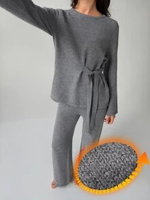 Livesso Women's Solid Color Long Sleeve Top And Pants Casual Daily Loungewear Set - Grey - View 4