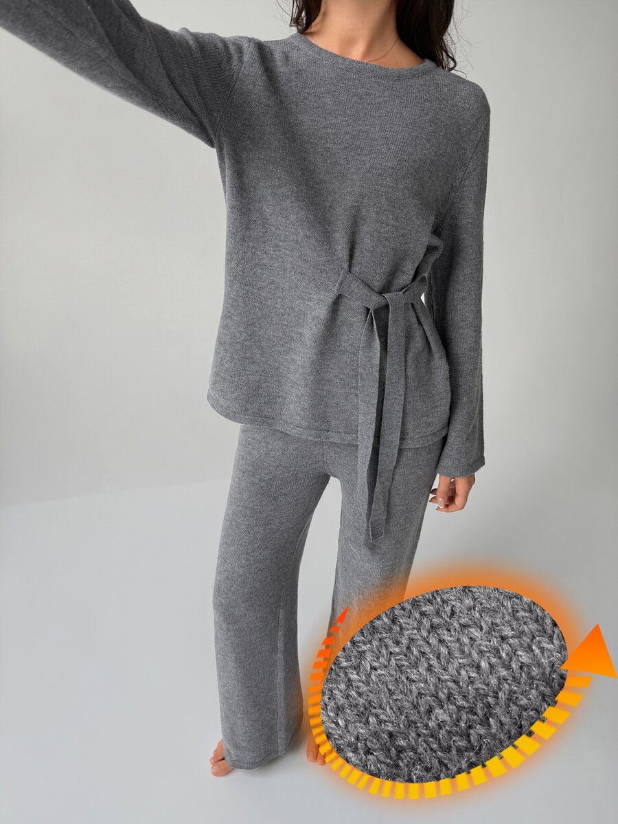Livesso Women's Solid Color Long Sleeve Top And Pants Casual Daily Loungewear Set - Grey - View 1