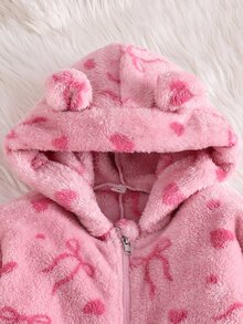 SHEIN بدلة قفز وردية مزينة بفيونكة من الفرو للبنات، أسلوب عصري، غريب ولطيف، مناسبة للارتداء في الأماكن المغلقة والمفتوحة في فصل الشتاء - وردي - مشاهدة 4