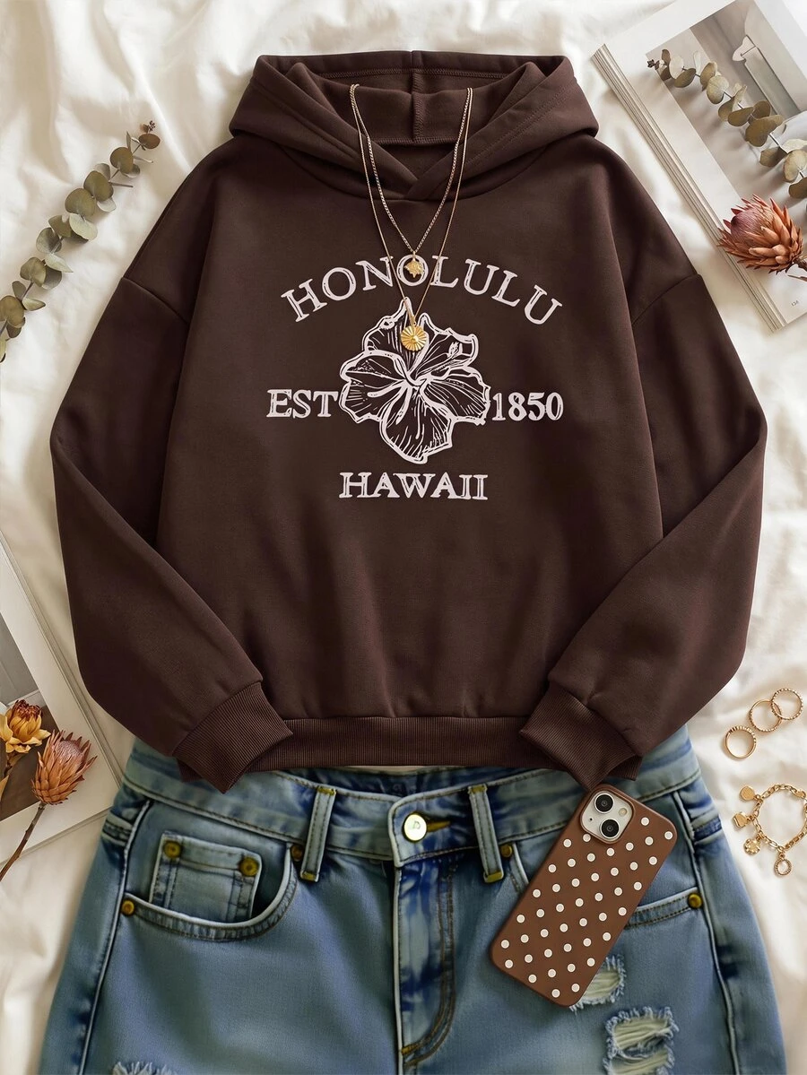 SHEIN EZwear 秋季新款字母印花連帽長袖寬鬆加厚女款運動衫,適合秋冬/冬季,秋冬/冬季風格,適用於日常通勤、約會、聚會、秋冬/冬季、夏季、派對、婚禮、海灘、畢業典禮等場合,優雅休閒,適合出遊、Y2K風格、音樂節等場合 - 棕色 - 查看 1