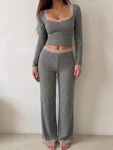DAZY 2pcs/Set Women's Lace Patchwork Square Neck Fitted Long Sleeve T-Shirt & Long Pajama Pants Sleepwear Set - Grey - View 3
