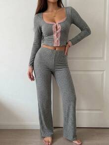DAZY 2pcs Lace Patchwork Slim Fit Long Sleeve Cardigan Top & Pants Women's Pajama Set - Grey - View 5