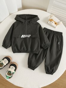 SHEIN 男嬰 2件組秋冬休閒時尚連帽衛衣套裝 外套套裝 冬季穿搭街頭風運動服 - 灰色 - 查看 1
