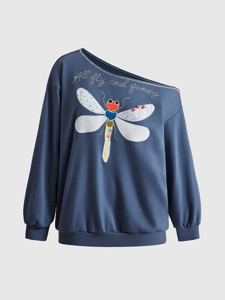 ROMWE Hippie Women's Vintage Applique Patchwork Dragonfly Asymmetrical Shoulder Pullover Sweatshirt - Navy Blue - View 1