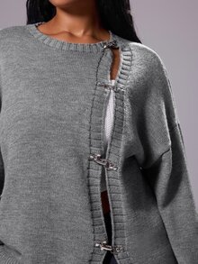 Rustia Plus Size Women's Button Up Stand Collar Long Sleeve Cardigan Sweater Jacket, Autumn/Winter Back To School - Grey - View 5