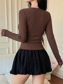 DAZY 春/夏修身優雅蕾絲拼接情人節派對白色長袖女款T恤 - 咖啡棕 - 查看 2
