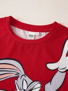 LOONEY TUNES X SHEIN Bộ đồ casual cho bé trai tuổi tween gồm áo thun cổ tròn tay ngắn và quần short - Đỏ - Xem 3
