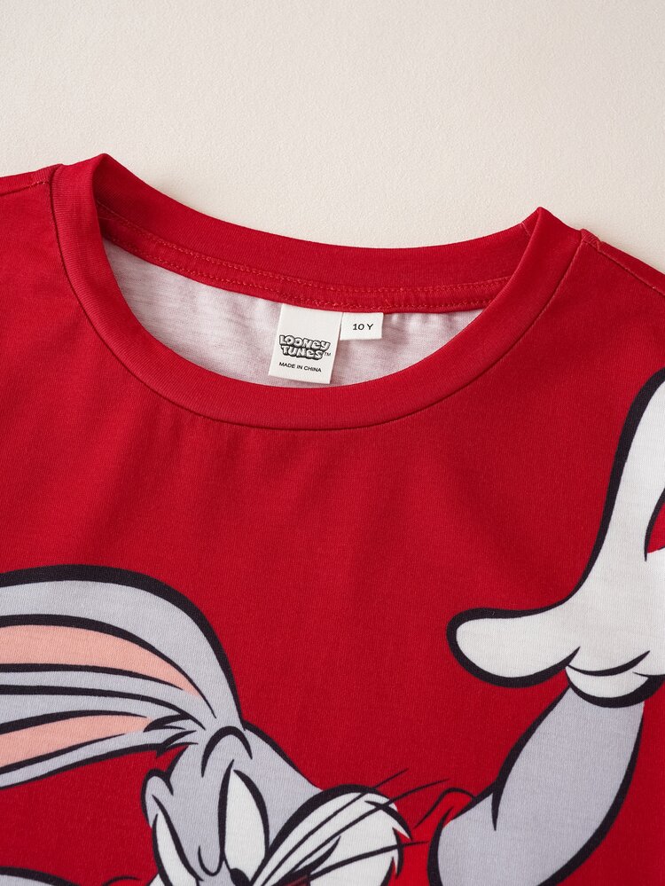 LOONEY TUNES X SHEIN Tween Boy Round Neck Short Sleeve T-Shirt And Shorts Casual Set - Red - View 3