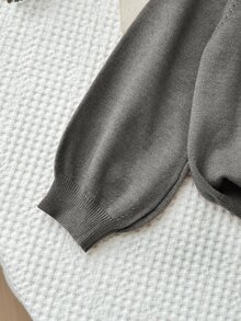 女童純色彼得潘領長袖針織毛衣與針織迷你裙可愛套裝，秋冬款 - 灰色 - 查看 9