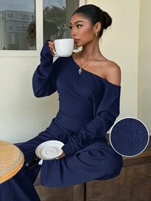 Muchica Ensemble femme automne nouveau marron décontracté en tricot texturé avec épaules asymétriques, t-shirt à manches longues et pantalon pour sortir, streetwear - Bleu marine - Voir 1