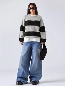 LYSMO Women's Round Neck Drop Shoulder Long Sleeve Casual Loose Striped Sweater - Multicolor - View 4
