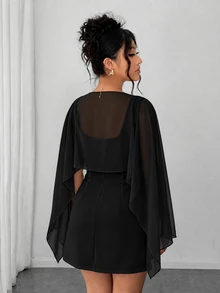 Elenzga Plus Size Women's Summer Shawl 2 In 1 White Pearl Decor Minimalist Elegant Dress Suitable For Date Birthday Party Photo - Black - View 2