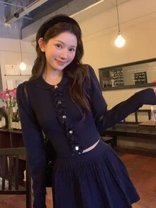DAZY Women's Solid Color Lapel Collar Elegant Knit Sweater 2 Pieces Set - Navy Blue - View 4