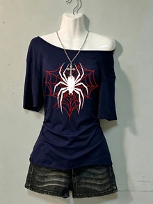 Teen Girls Casual Minimalist Spider Pattern Asymmetrical Shoulder Short Sleeve Top, Suitable For All Seasons - White - View 6