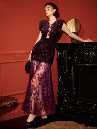 Arave Women's Dress Slim Fit Wide Shoulder Sequin Lace Front Cutout Gold Rose Hem Elegant Dark Purple Floral Elegant Long Party Dress Christmas