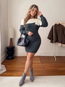 Vionelle Plus Size Colorblock Cold Shoulder Bow Decor Cable Knit Long Sleeve Short Knit Dress, Autumn/Winter - Grey - View 6