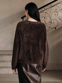 Anewsta Women's Brown Plush Comfortable Knit Cardigan Sweater For Autumn - Burgundy - View 3