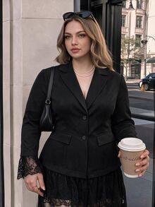 SHEIN MOD Plus Size Women Solid Color Contrast Lace Cuff Blazer And Skirt Elegant Set - Black - View 7