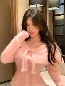DAZY Pink V-Neck Tie Bow Fuzzy Fitted Long Sleeve Sweet Cute Girly Style Knitted Sweater - Pink - View 4