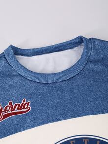 SHEIN 青少年女孩V領字母印花連帽衛衣與工裝褲休閒兩件套 - 藍白色 - 查看 3