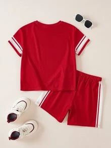 LOONEY TUNES X SHEIN Young Boy Letter Print Short Sleeve T-Shirt And Shorts Set - Red - View 2
