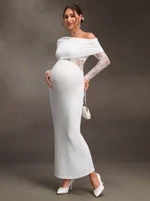 Cheriluna Maternity Maternity White Knit Contrast Lace Elegant Dress For Photography - White - View 6
