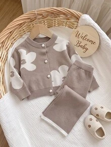 SHEIN Baby Girl Floral Pattern Long Sleeve Top And Pants Knit Set - Khaki - View 6