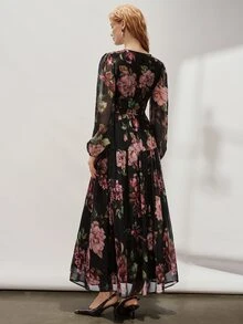 Aveloria Modichic 女款 A 字長洋裝 雪紡 V 領燈籠袖 分層抽繩設計 優雅黑色花卉長裙 秋季女裝長洋裝 - 棕色 - 查看 3