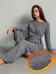 Livesso Women's Solid Color Long Sleeve Top And Pants Casual Daily Loungewear Set - Grey - View 3