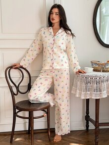 DAZY طقم ملابس نوم نسائي كاجوال يومي للمنزل بطبعة كاملة، ملابس علوية بأكمام طويلة وبنطال - أبيض - مشاهدة 9