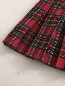 SHEIN 少女時尚休閒格紋百褶裙，校園風，聖誕派對紅色裙子 - 紅色 - 查看 6