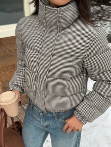 SHEIN EZwear 女款格紋長袖拉鍊休閒冬季夾克 - 咖啡棕 - 查看 1