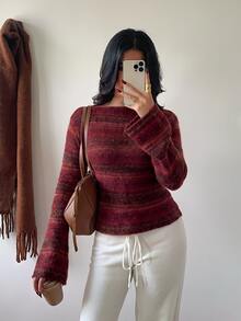 Aloruh Women's Striped Casual Versatile Daily Long Sleeve Sweater - Burgundy - View 5