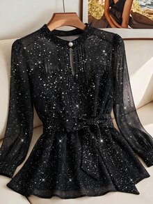 SHEIN Clasi 大尺碼精緻亮片鈕扣長袖襯衫 - 黑色 - 查看 2