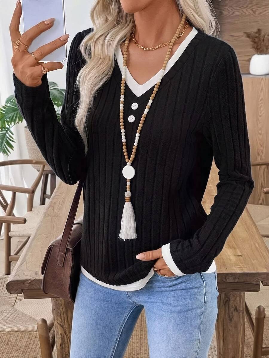 INAWLY Women's Colorblock V-Neck Long Sleeve Ribbed Casual T-Shirt - Black - View 1