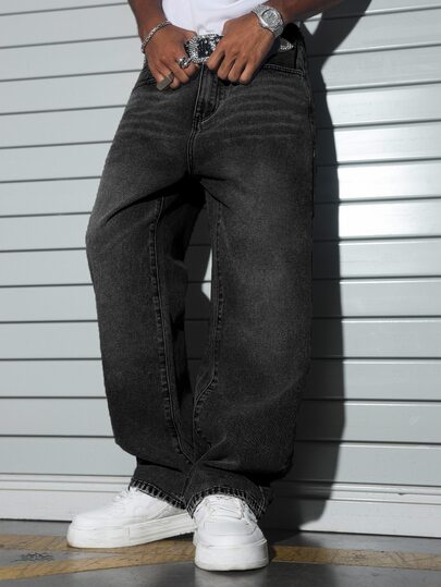 Manfinity EMRG Men's American Casual Commute Small Design Cement Dark Gray Washed Loose Straight Wide Leg Pants